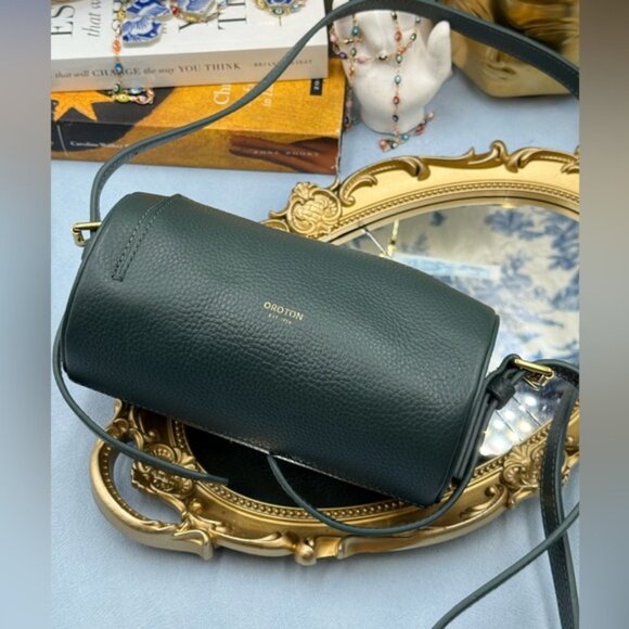 🆕 OROTON 🧿 NWOT Margot Mini Cylindrical Leather Drum Bag, Deep Green - Picture 8 of 16